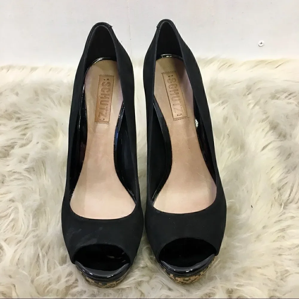 Schutz Black Suede Peep toe Platform Cara Shoes 9